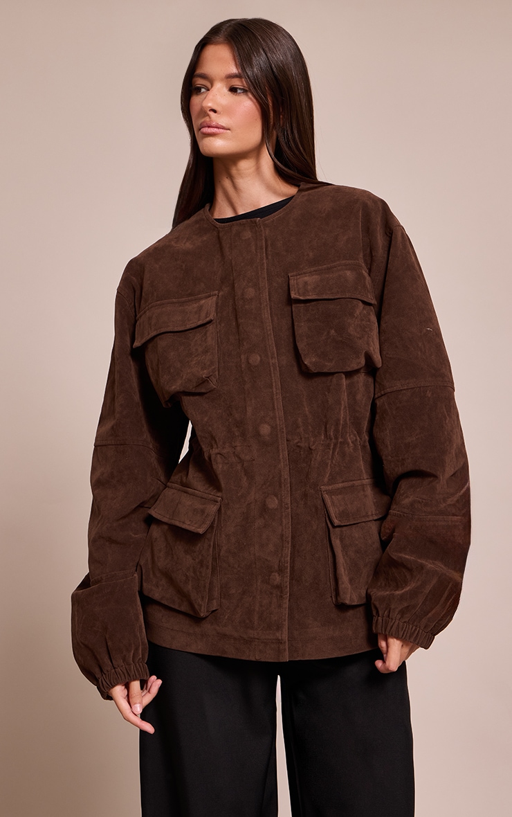 Chocolate Structured Faux Suede Pocket Detail Adjustable Waist Jacket image 3