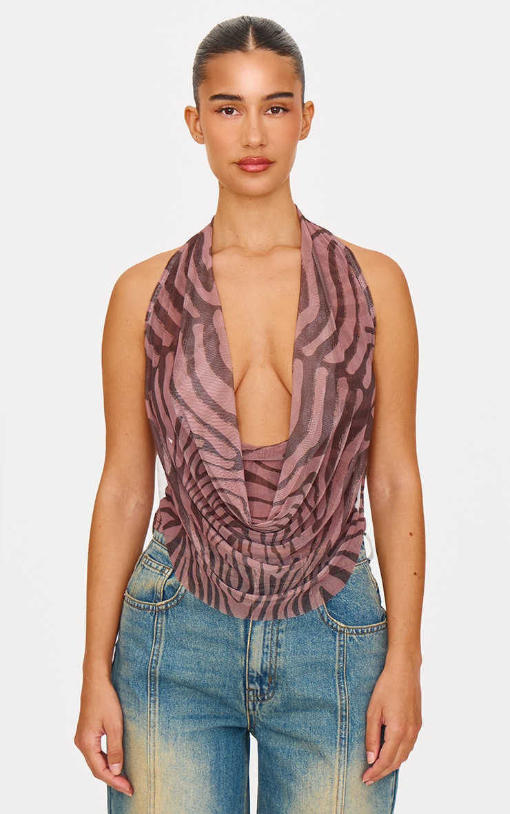 Brown Zebra Print Mesh Printed Halter Neck Top image 1