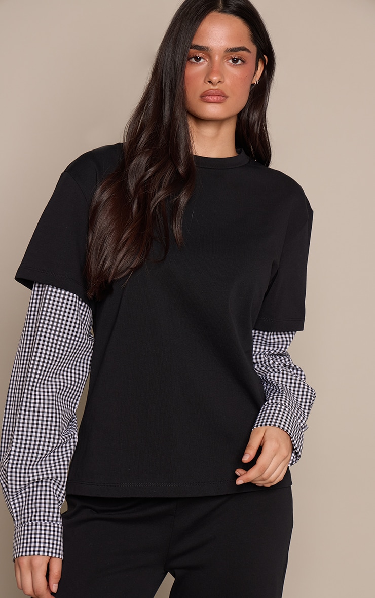 Black Cotton Checked Shirt Sleeve Detail Oversized T-Shirt  image 1