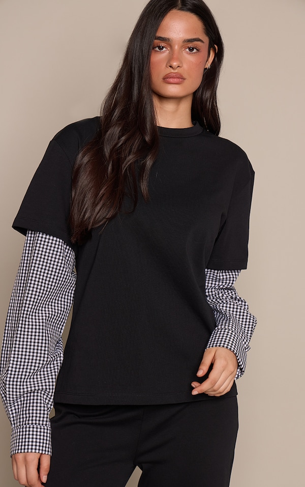 Black Cotton Checked Shirt Sleeve Detail Oversized T-Shirt 