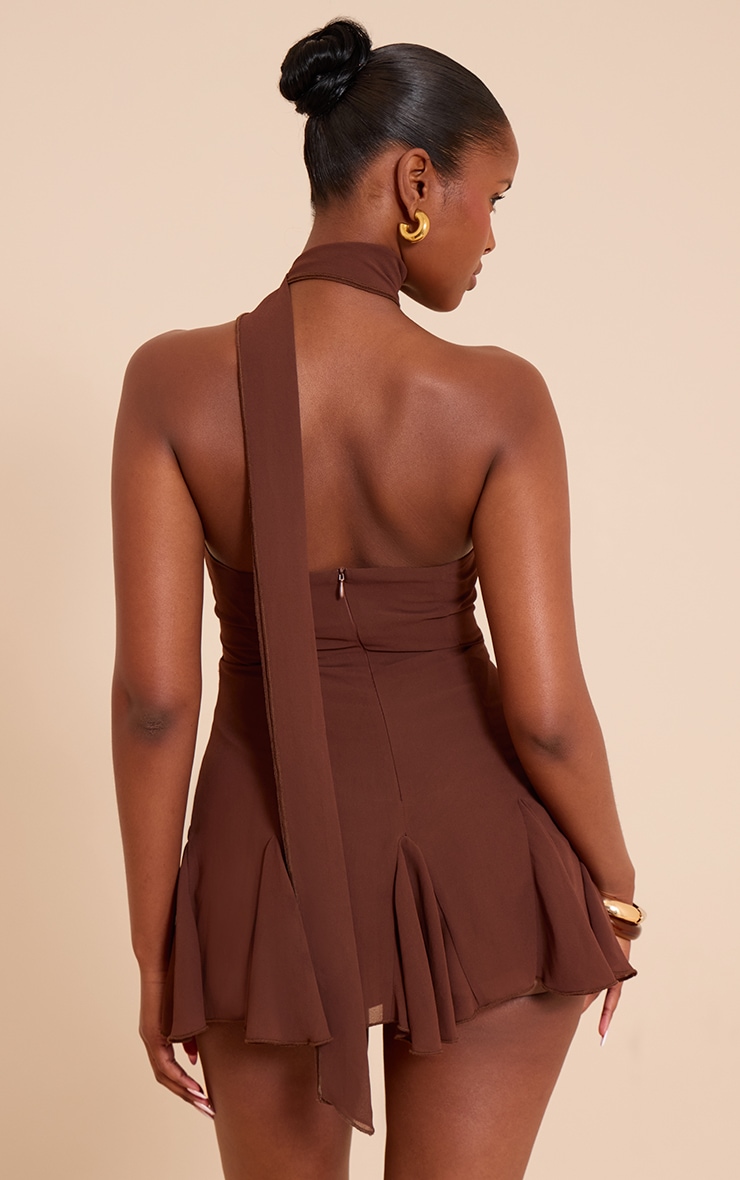 Chocolate Chiffon Godet Neck Scarf Skort Playsuit image 2