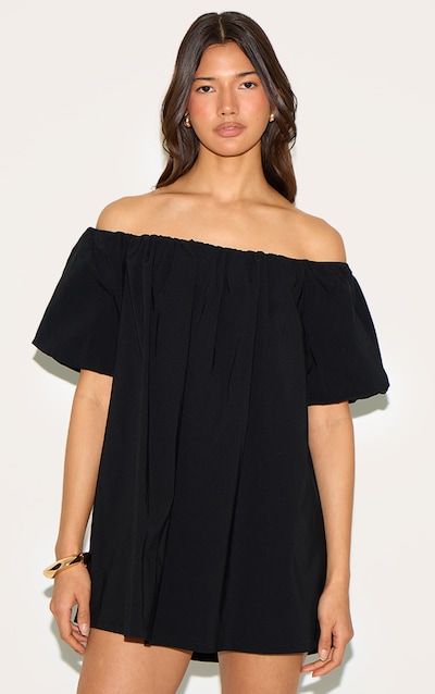 Robe droite noire à col bardot et manches bouffantes