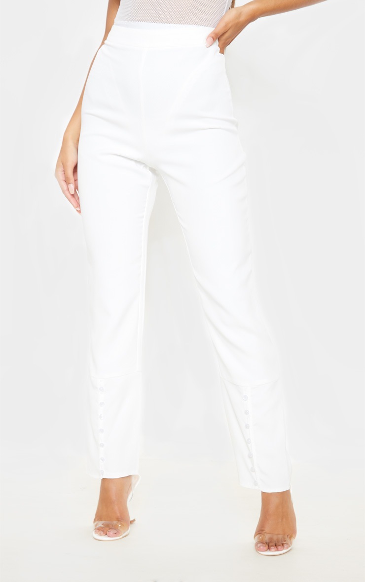 White Woven Button Cuff Detail Straight Leg Trouser 2