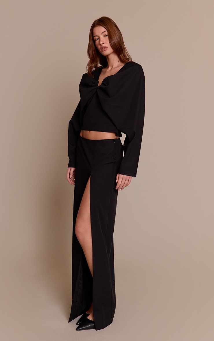 Black Woven Split Leg Maxi Skirt image 2