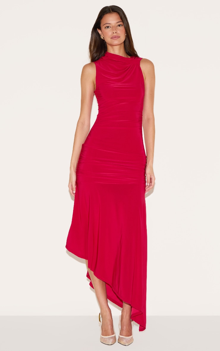Robe longue asymétrique moulante rouge froncée à partie superposée image 1