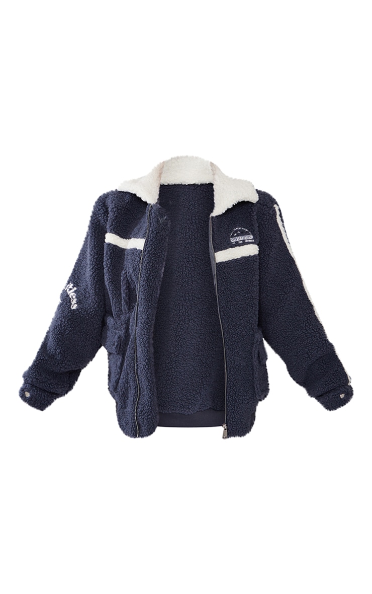 PRETTYLITTLETHING Petite Navy Contrast Borg Trucker image 5