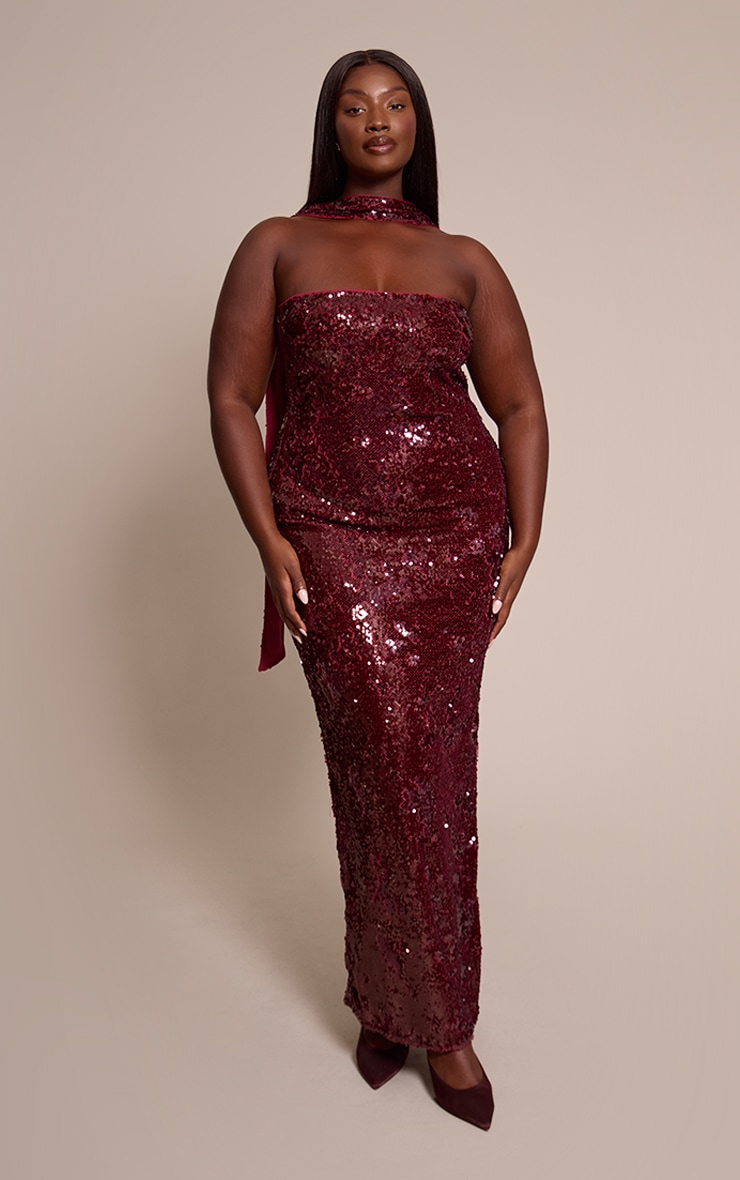 Plus Burgundy Sequin Scarf Detail Bandeau Maxi Dress image 1