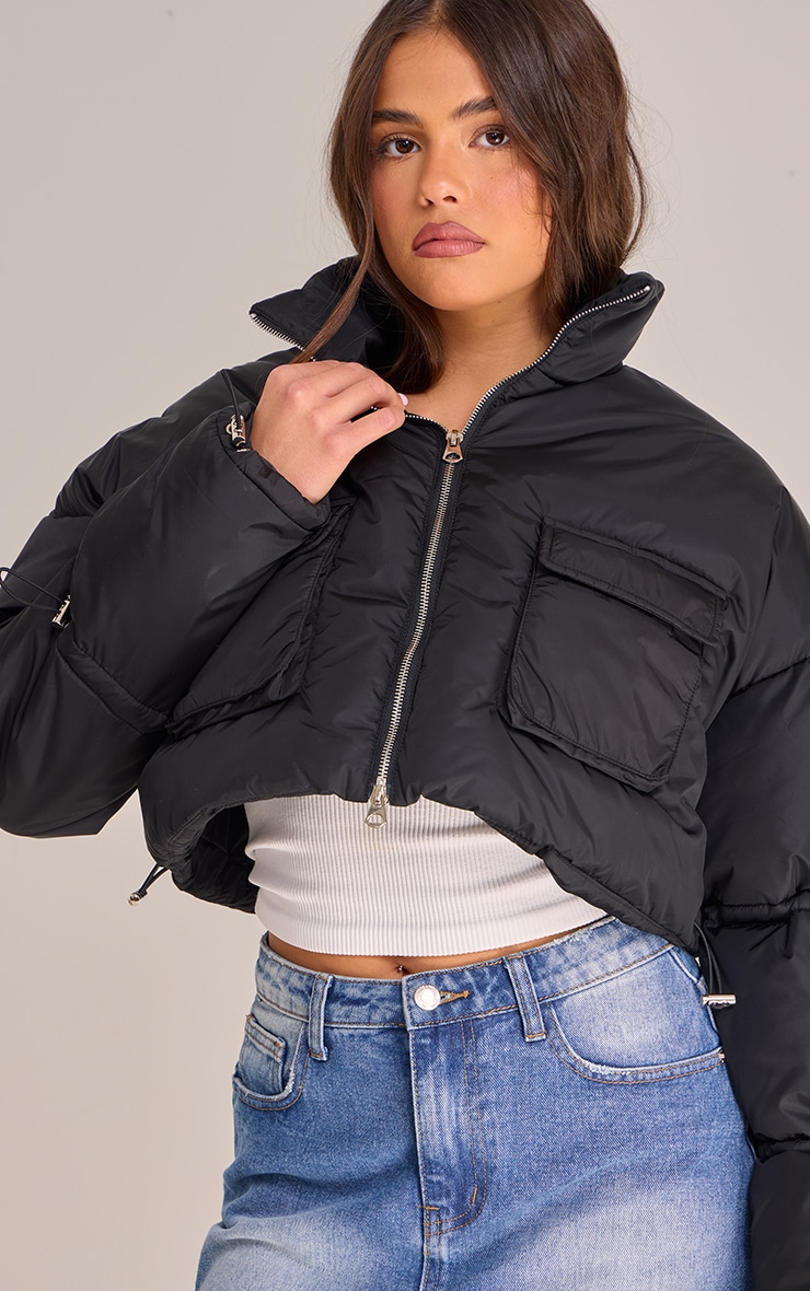 Black Toggle Detail Cropped Oversized Puffer Jacket image 4