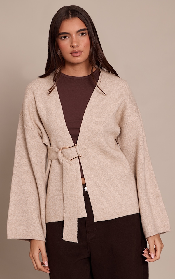 Oatmeal Trim Detail Wrap Style Cardigan 
