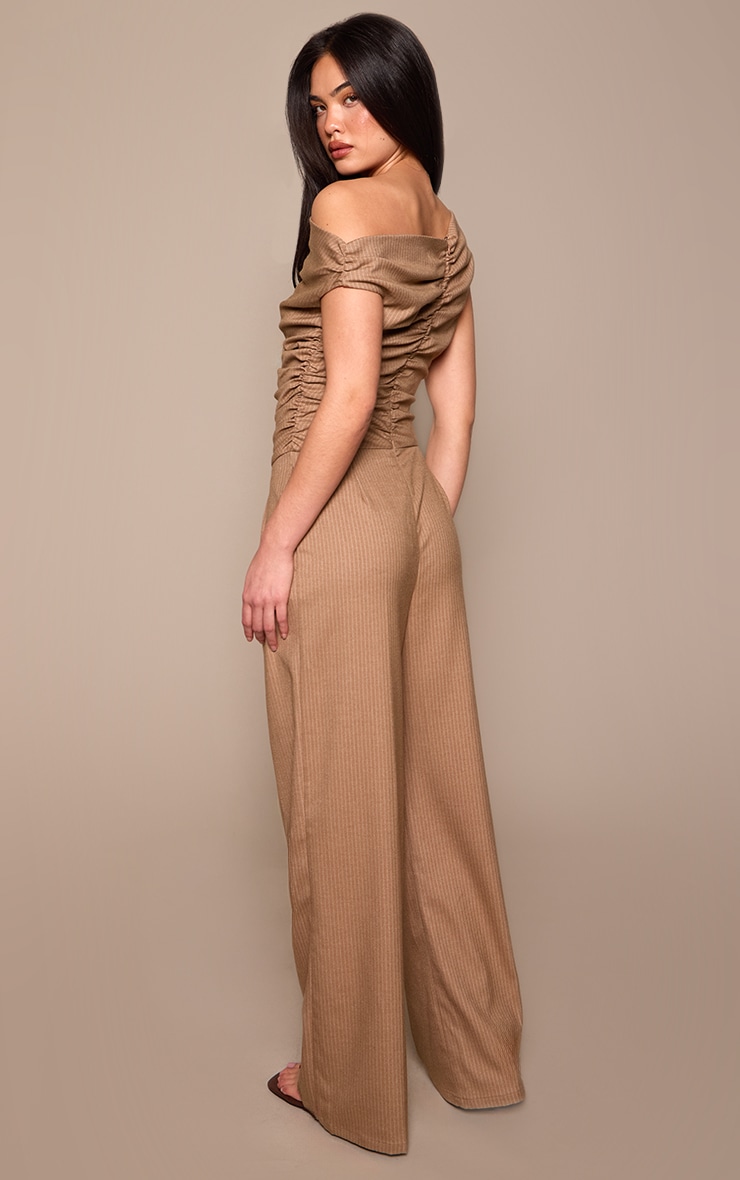 Beige Woven Pinstripe Asymmetric Wide Leg Jumpsuit image 2
