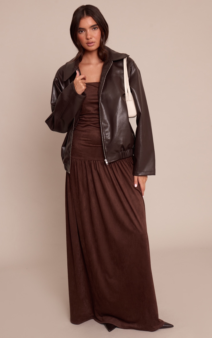Chocolate Faux Suede Bandeau Dropped Waist Maxi Dress image 3