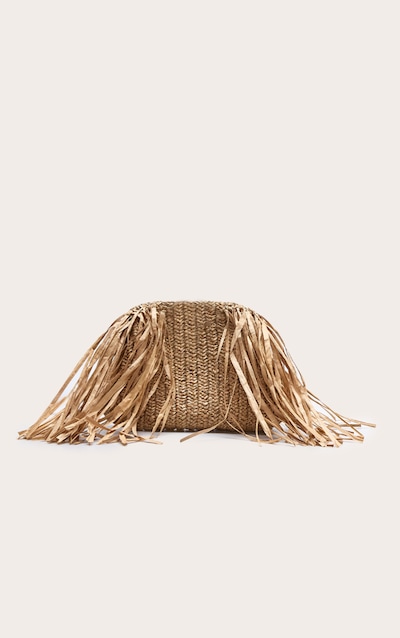 Camel Slouchy Raffia Fringe Clutch