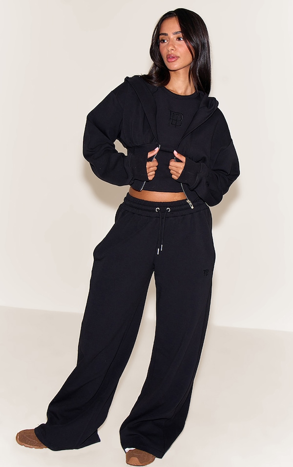 Petite Black Embroidered Interlock Rib Panel Wide Leg Sweatpants