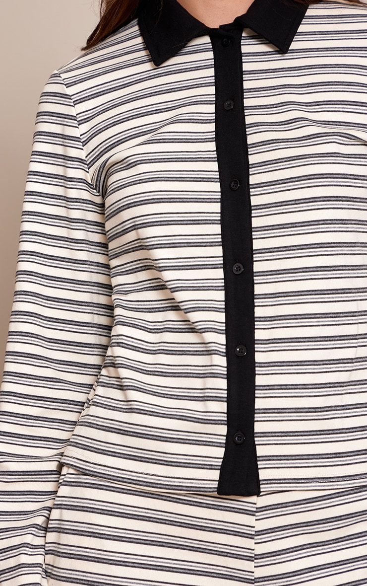 Black Striped Contrast Collared Long Sleeve Long Top  image 4