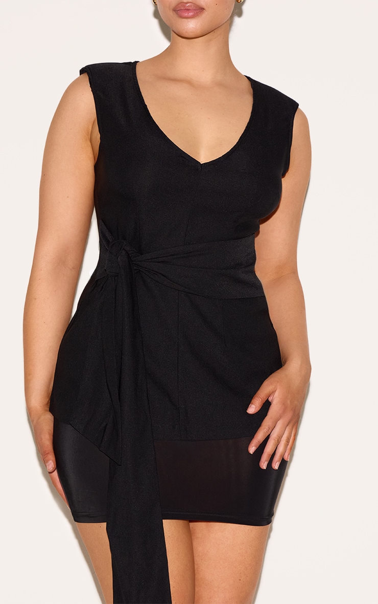 Shape Black Stretch Woven Plunge Front Belted Long Line Top image 4
