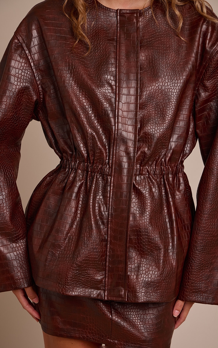Brown Croc Faux Leather Cinched Waist Jacket image 4