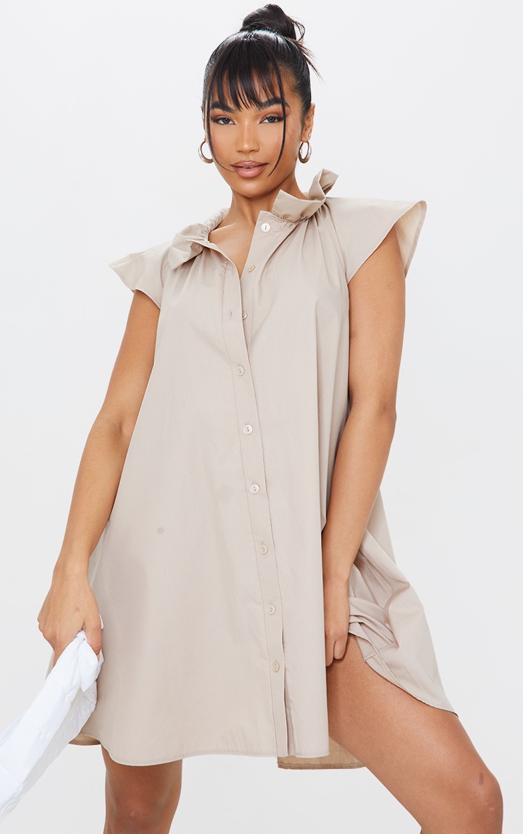 Stone Ruffle Collar Detail Cap Sleeve Shirt Dress
