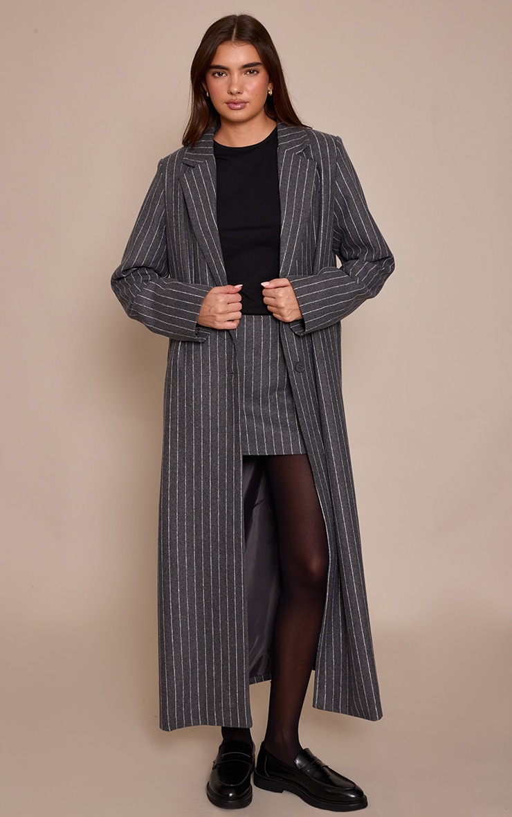 Grey Pinstripe Wool Look Coat image 3