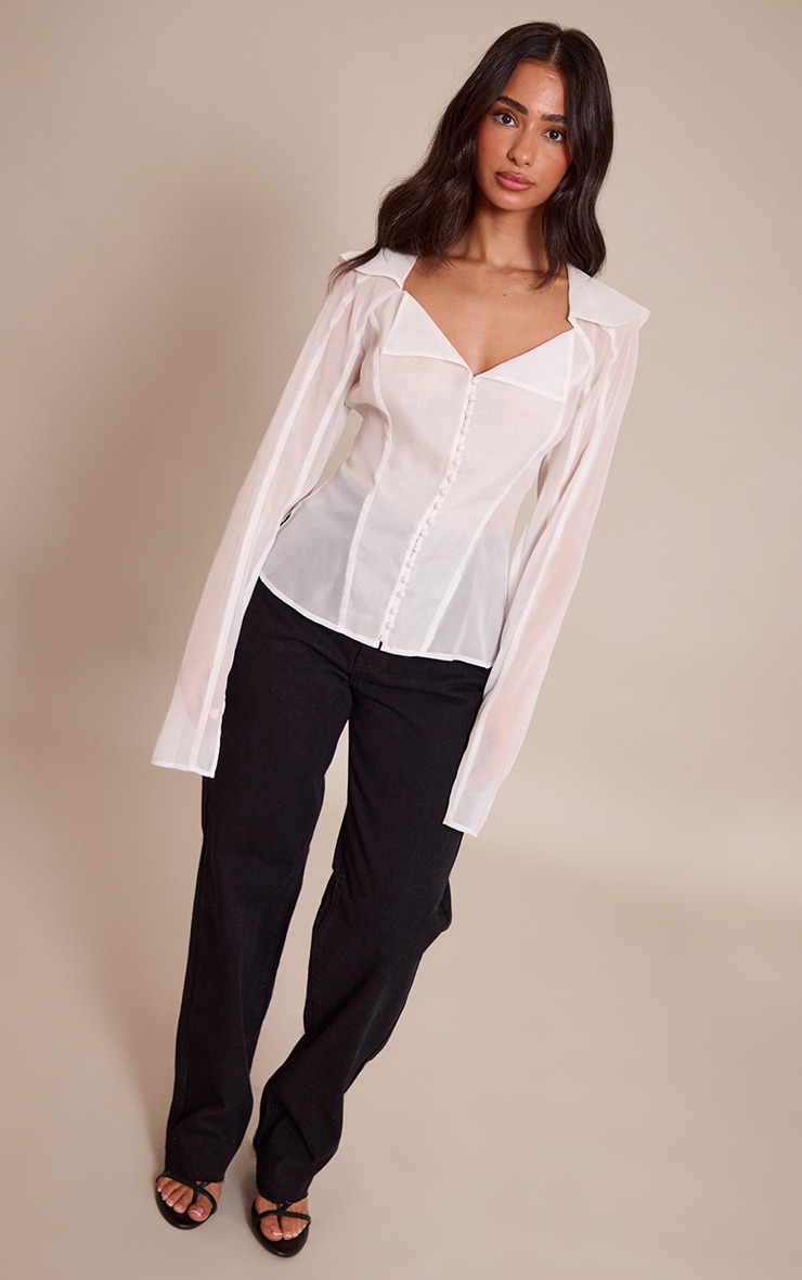 Petite White Button Detail Sheer Long Sleeve Top image 3