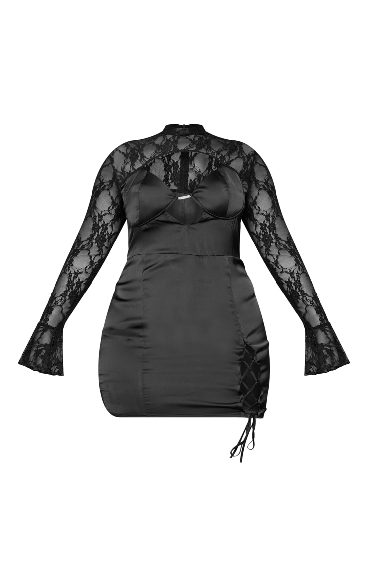 Plus Black Satin Lace Detail Ruched Bodycon Dress image 3