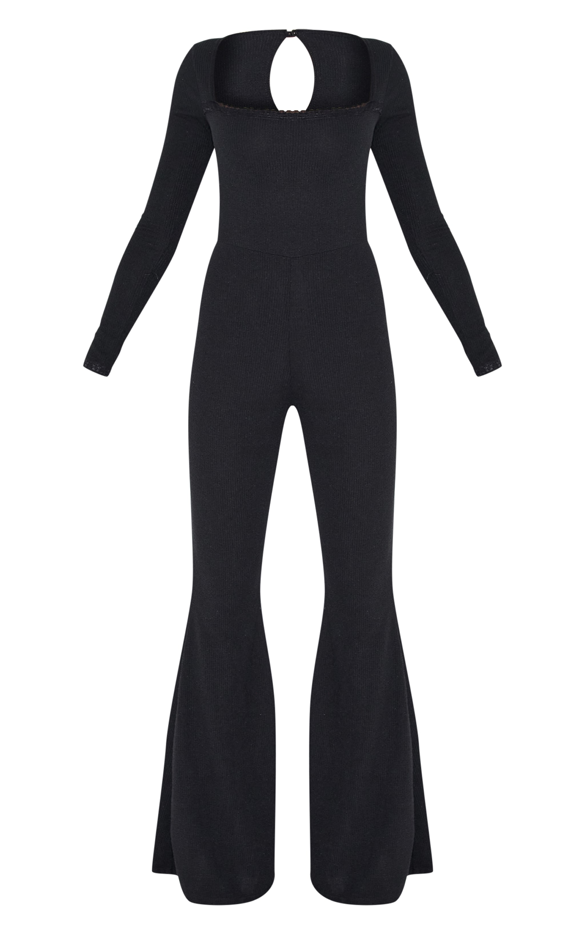 Black Rib Lace Trim Long Sleeve Flare Leg Jumpsuit