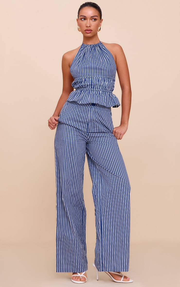 Indigo Stripe Woven Ruched Backless Halterneck Long Top image 3