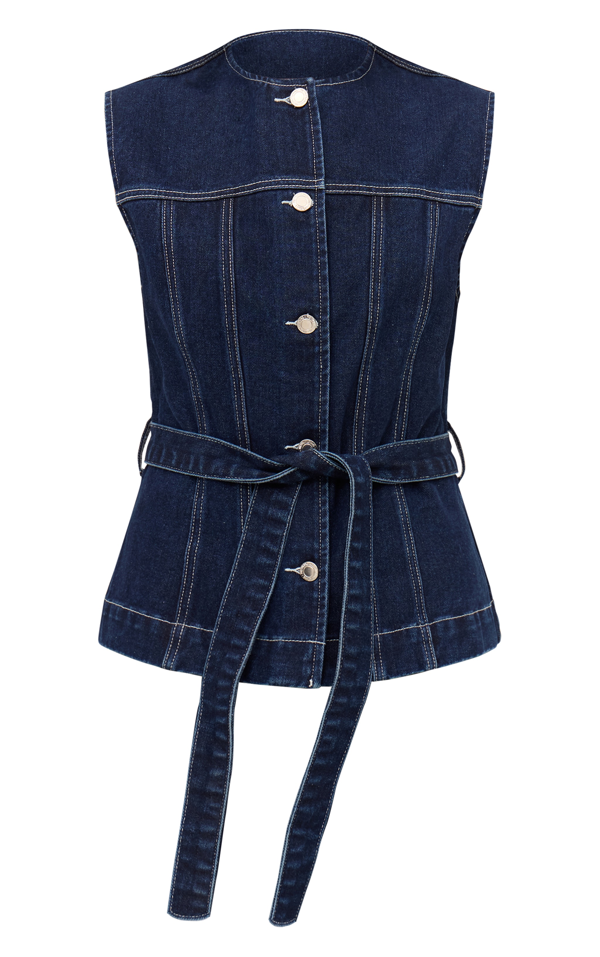 Top cintré en jean indigo à col rond et ceinture image 5