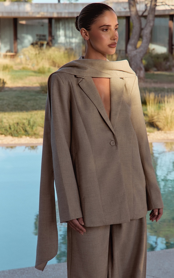 Stone Woven Drape Scarf Detail Oversized Blazer