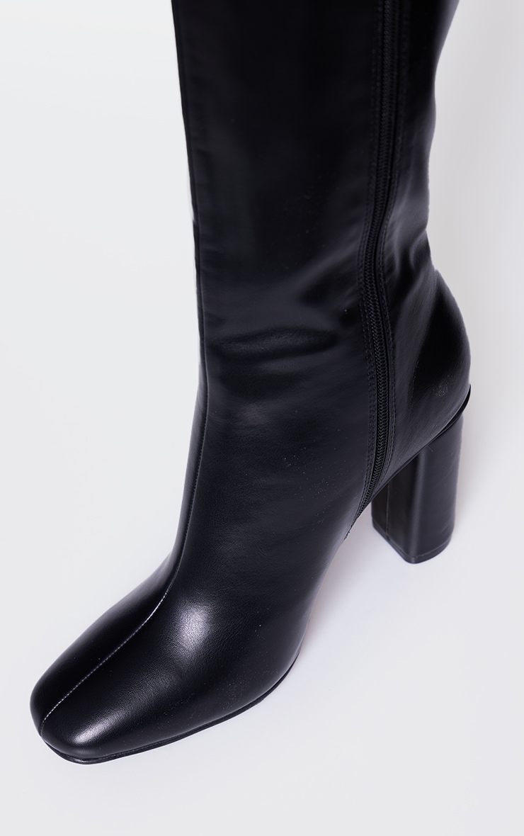 Black PU Round Block Heel Knee High Boots image 4