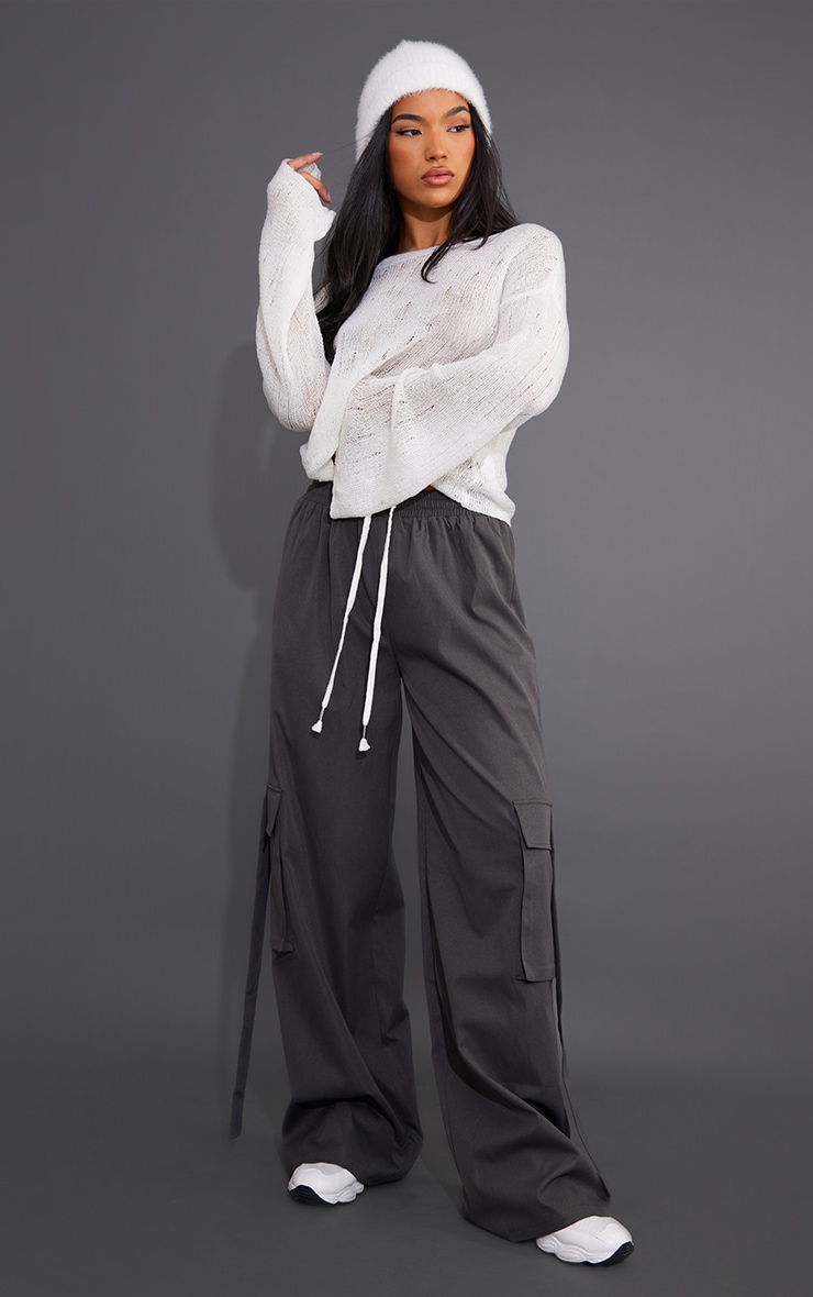 Charcoal Grey Elasticated Waist Wide Leg Cargo Trousers