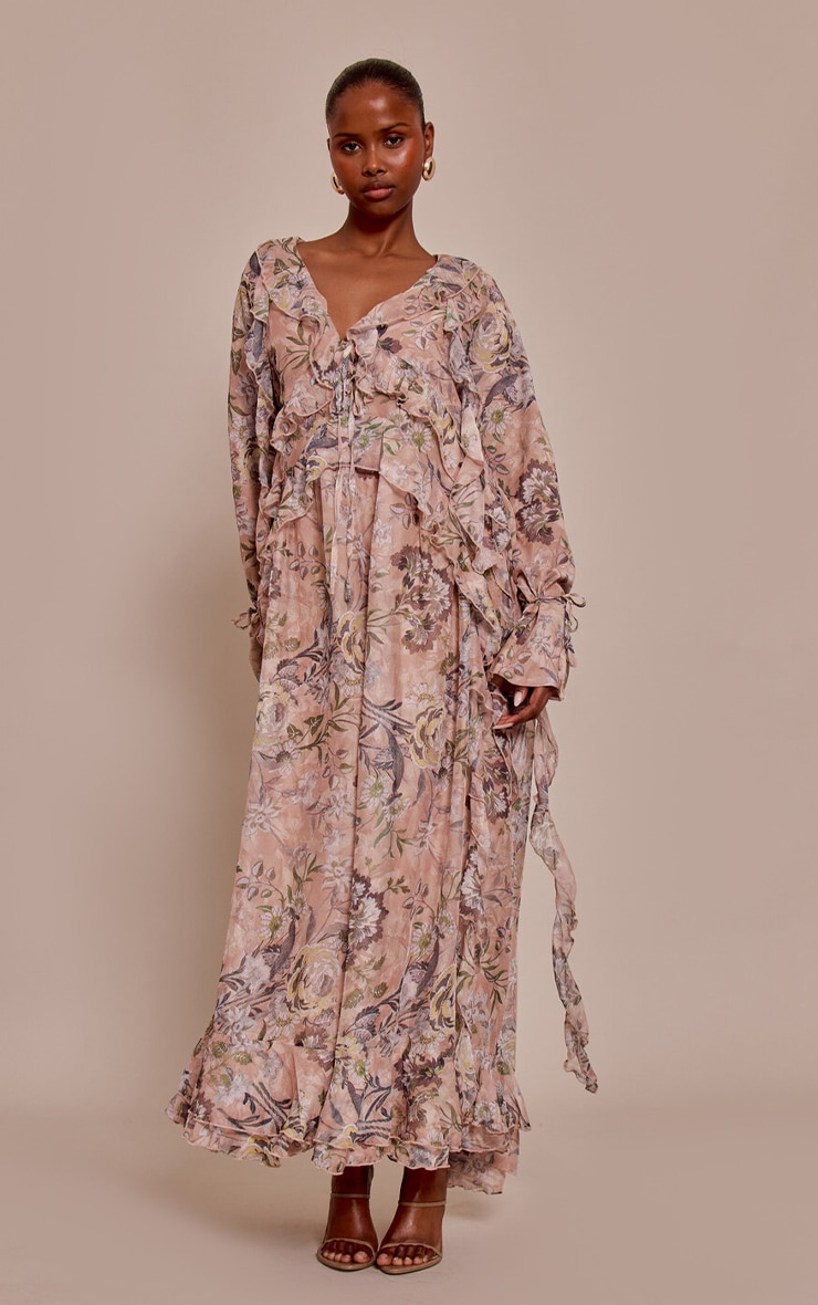 Blush Floral Printed Plunge Extreme Frill Maxi Dress image 1