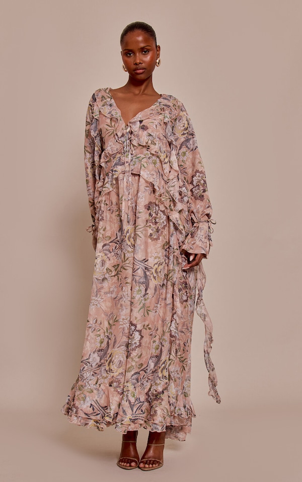 Blush Floral Printed Plunge Extreme Frill Maxi Dress