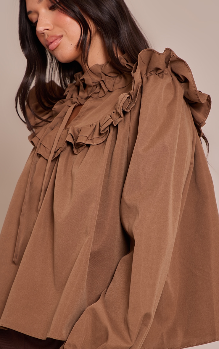 Chocolate High Neck Cotton Frill Detail Long Sleeve Shirt image 4