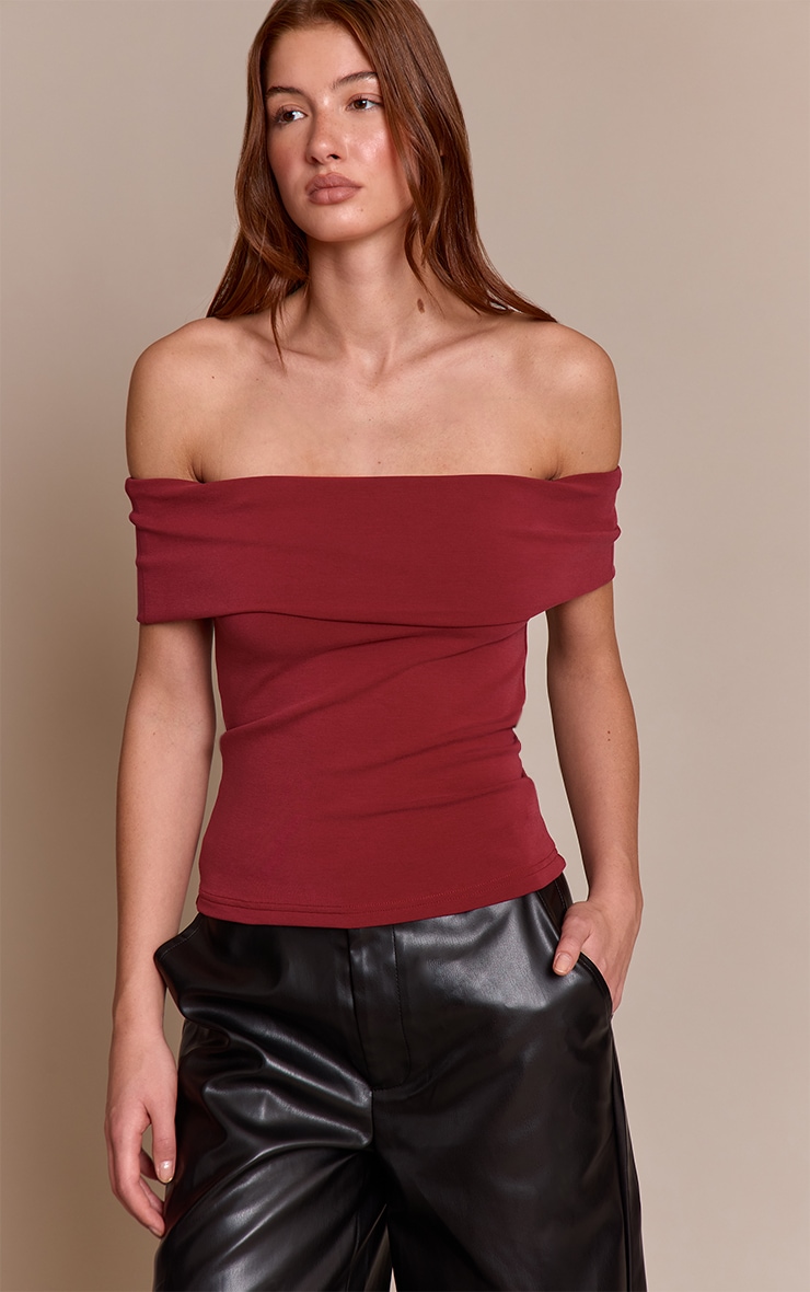 Red Premium Soft Touch Asymmetric Shoulder Top  image 1