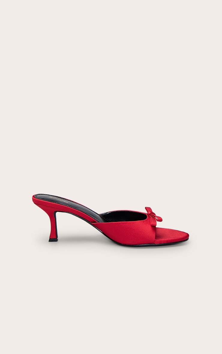 Bright Red Satin Round Toe Bow Strap Low Heel Open Toe Mules image 2