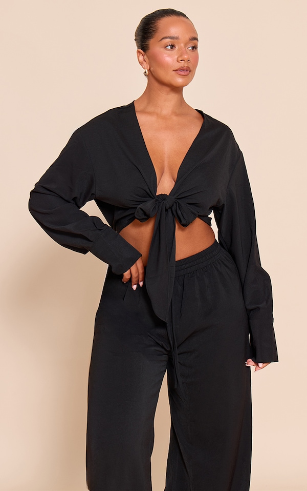 Shape Black Hammered Satin Front Tie Shirt
