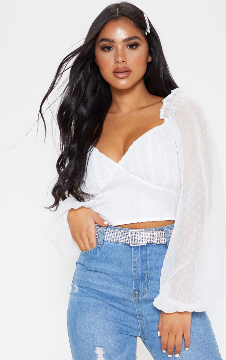 Petite White Dobby Mesh Chiffon Sweetheart Blouse