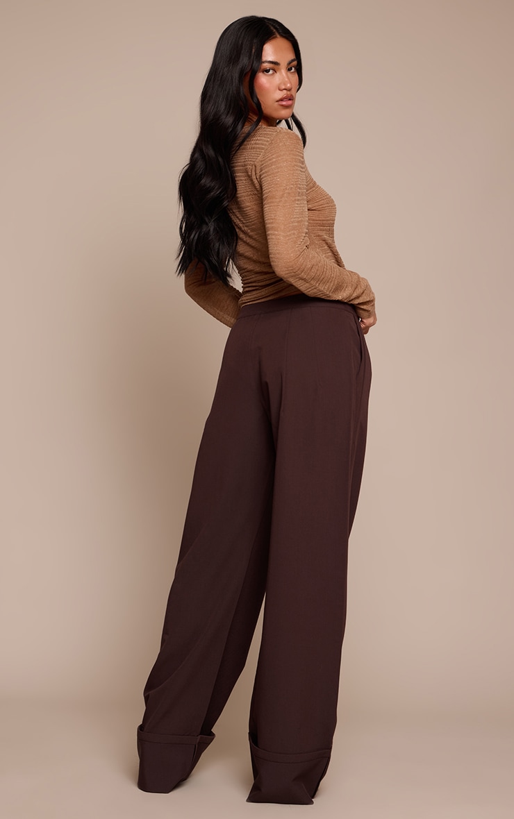 Dark Chocolate Woven Tailored Wide Leg Pleated Pants image 3