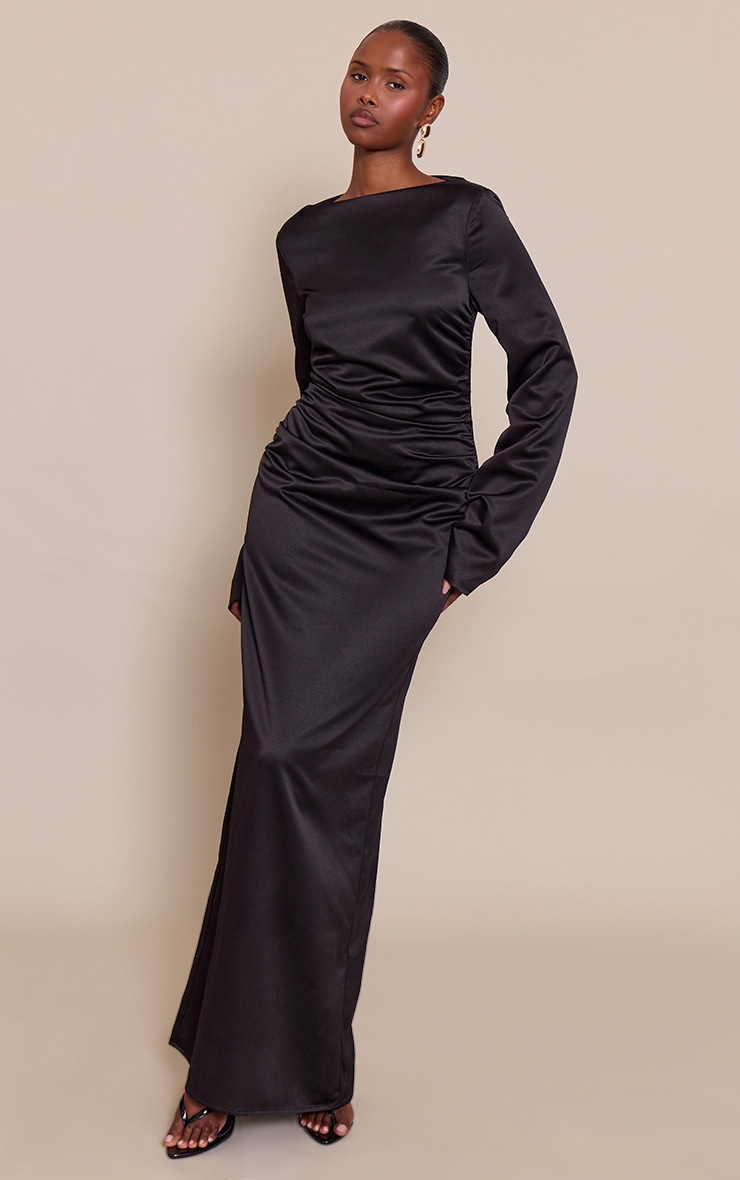 Black Satin High Neck Flared Sleeve Maxi Dress image 3