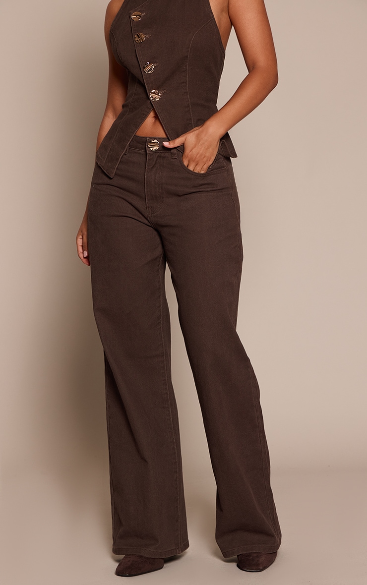 Petite Chocolate Trim Detail Wide Leg Denim Jeans image 2