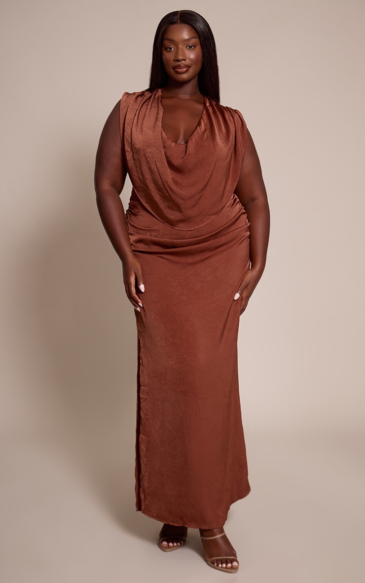 Plus Chocolate Crushed Satin Cowl Neck Maxi Dress