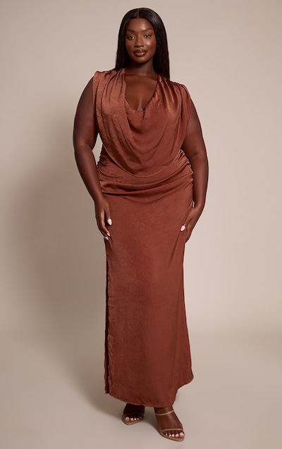 Plus Chocolate Crushed Satin Cowl Neck Maxi Dress