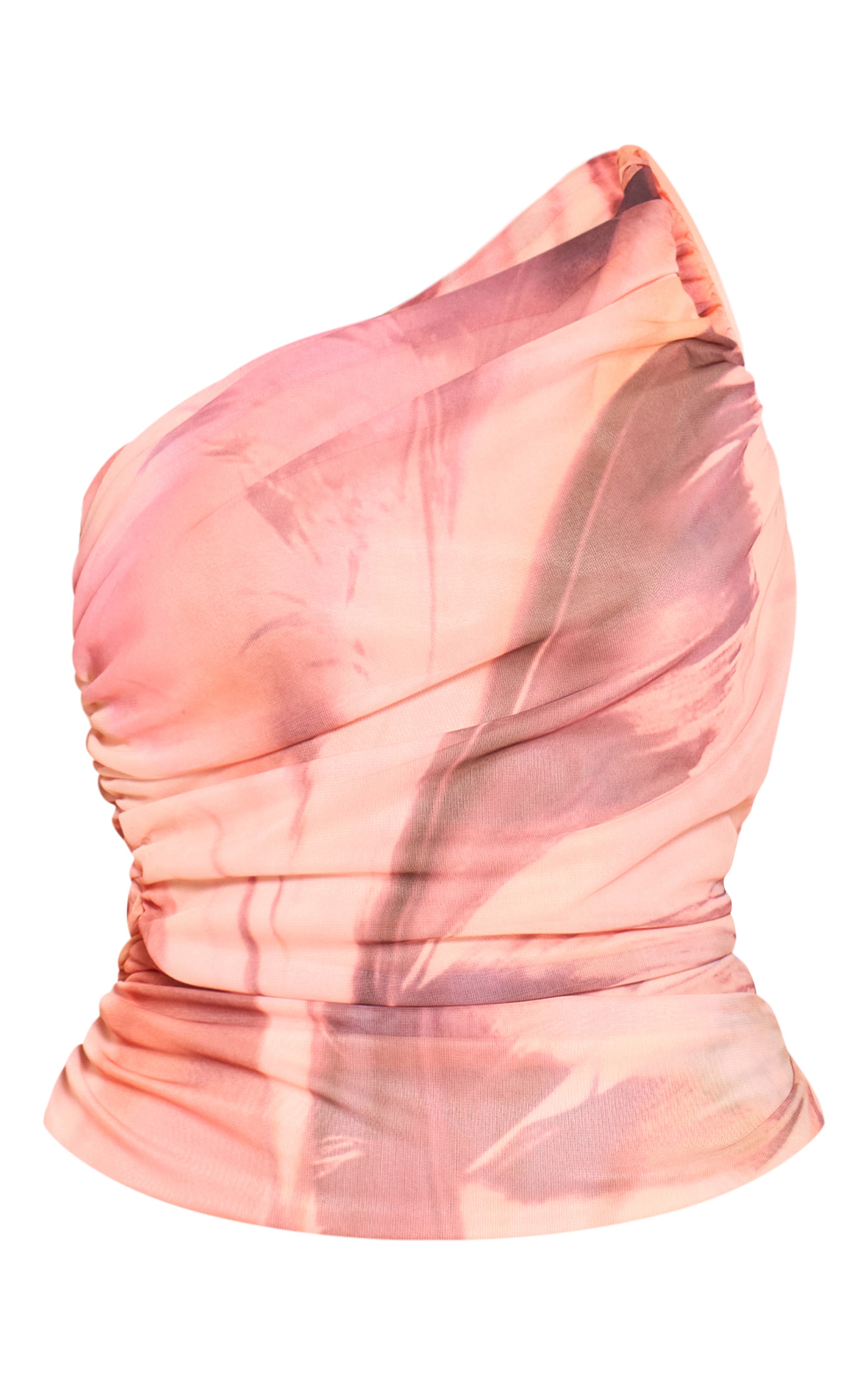 Pink Feather Print Mesh Asymmetric Long Top image 5