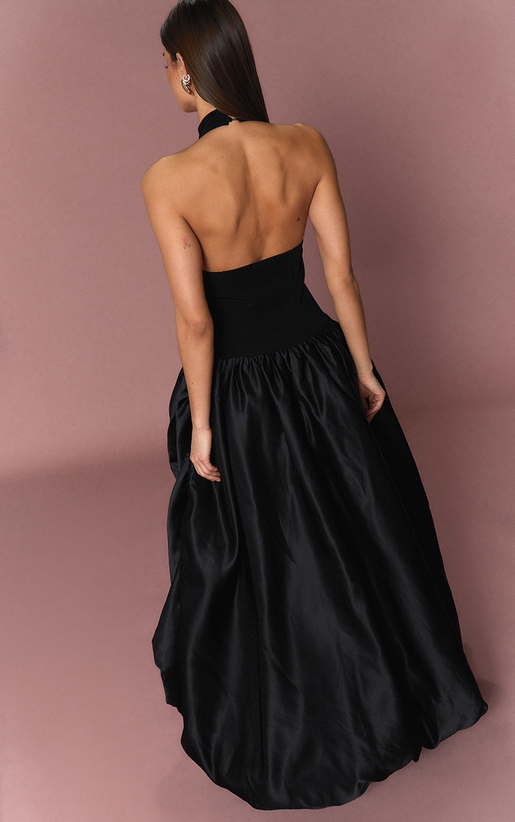 Black Halterneck Satin Puff Hem Maxi Dress image 2
