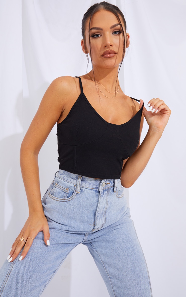Black Crepe Bust Cup Seam Crop Top Tops PrettyLittleThing