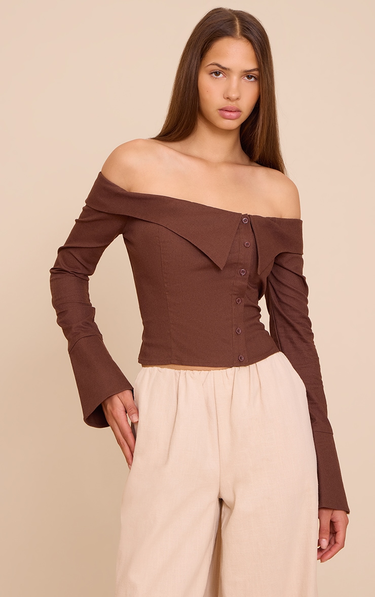 Chocolate Linen Bardot Button Up Shirt image 1