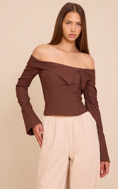 Chemise en effet lin chocolat à col bardot et boutons