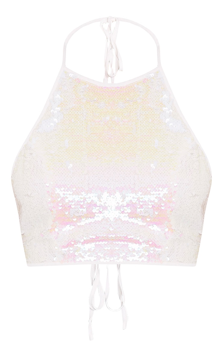 Liberty White Sequin Halterneck Crop Top PrettyLittleThing
