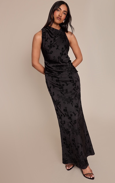Black Floral Jacquard High Neck Maxi Dress