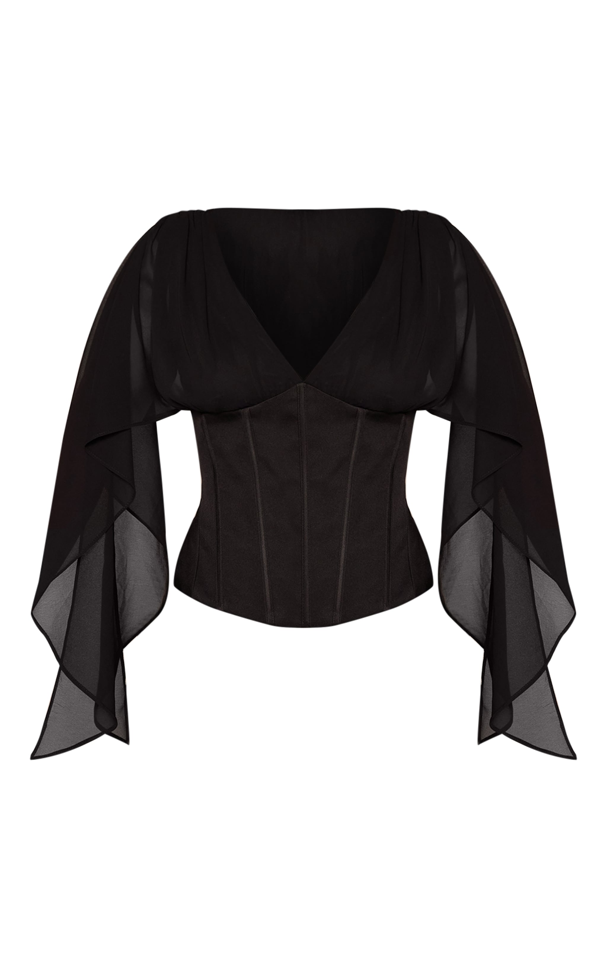 Petite Black Corset Waist Chiffon Drape Sleeve Top image 5